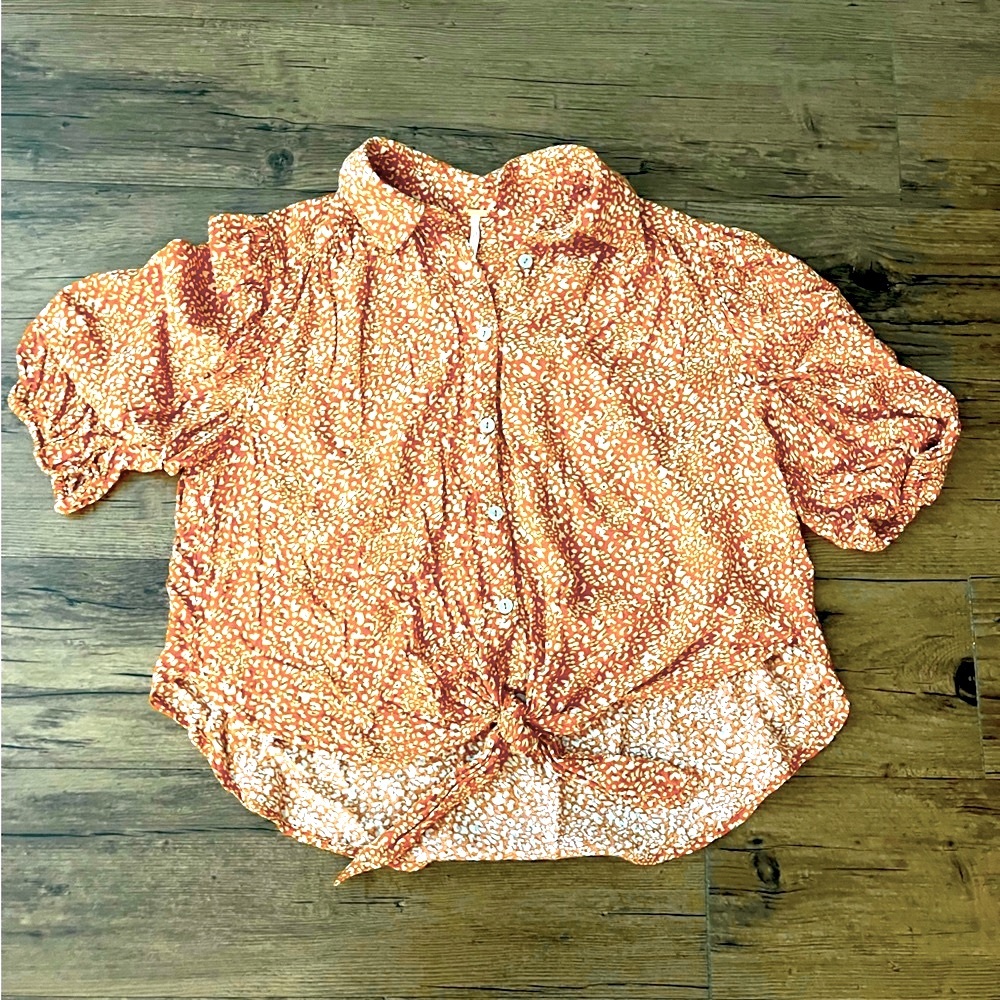 FREE PEOPLE Womens Celia Print Button-Up Puff 3/4 Sleeve Front Knot Top Size XS